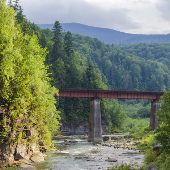 picturesque place, a mountain river with a rapid current of rocks and a bridge